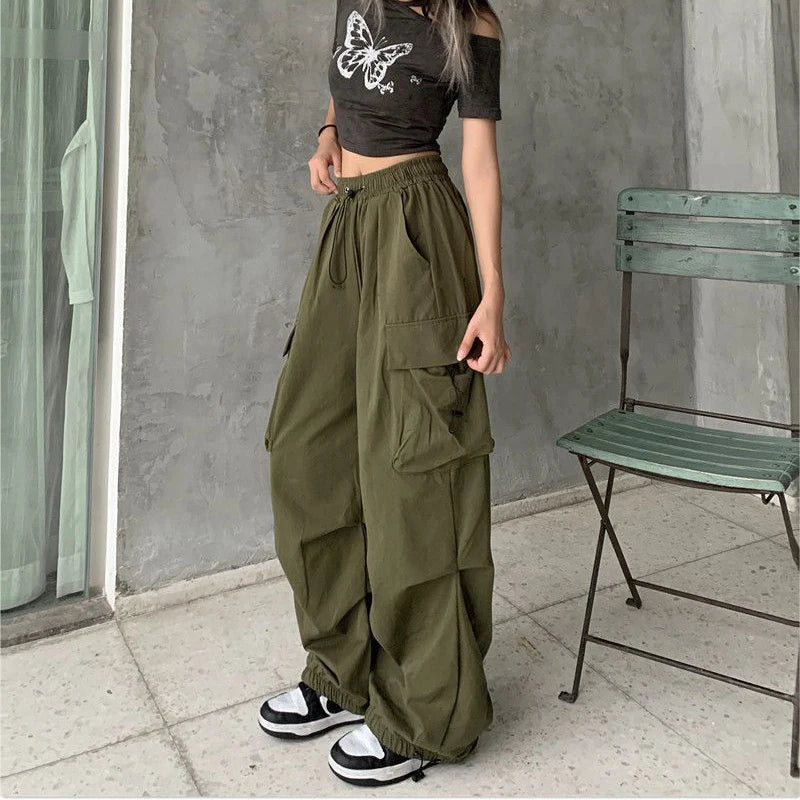 Casual Joggers Cargo Pants Women Solid Low Waist Pants Drawstring Wide Leg Baggy Trousers Y2k Streetwear Oversize Sweatpants