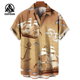 Men's Short Sleeve Shirt Summer Fashion Nautical Compass Anchor Printed Tops Men's Casual Loose Shirts