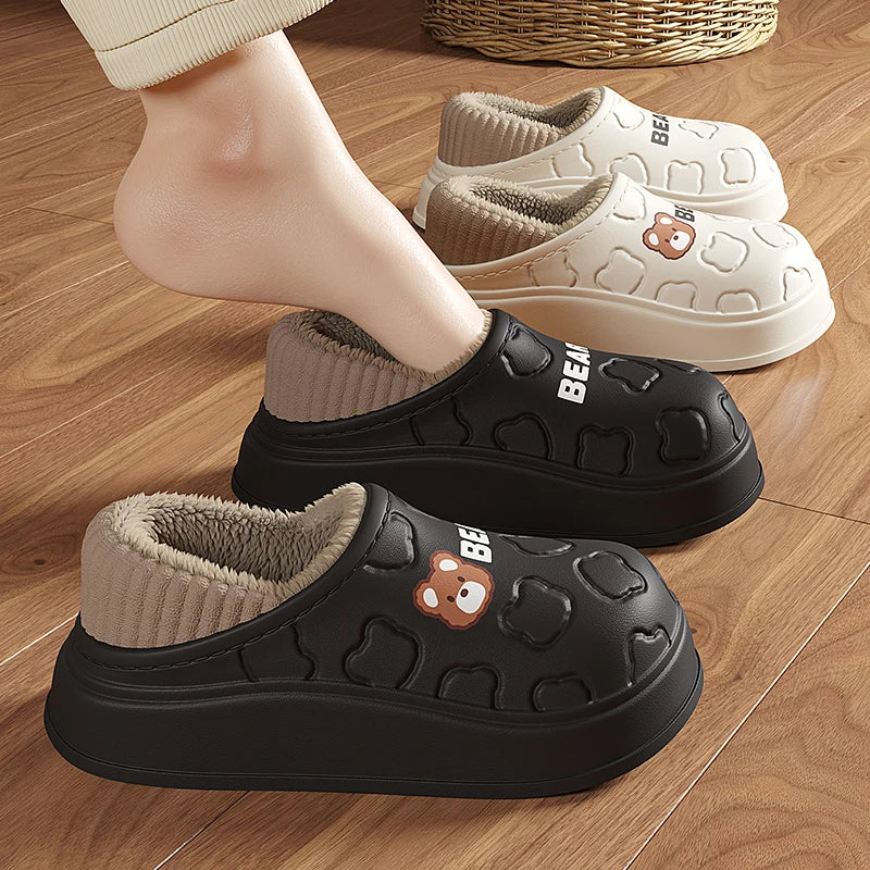 New Winter Waterproof Slippers Men Outdoor Warm Eva Plush Slippers Women Non-Slip Home Footwear Thick Platform Cartoon Shoe