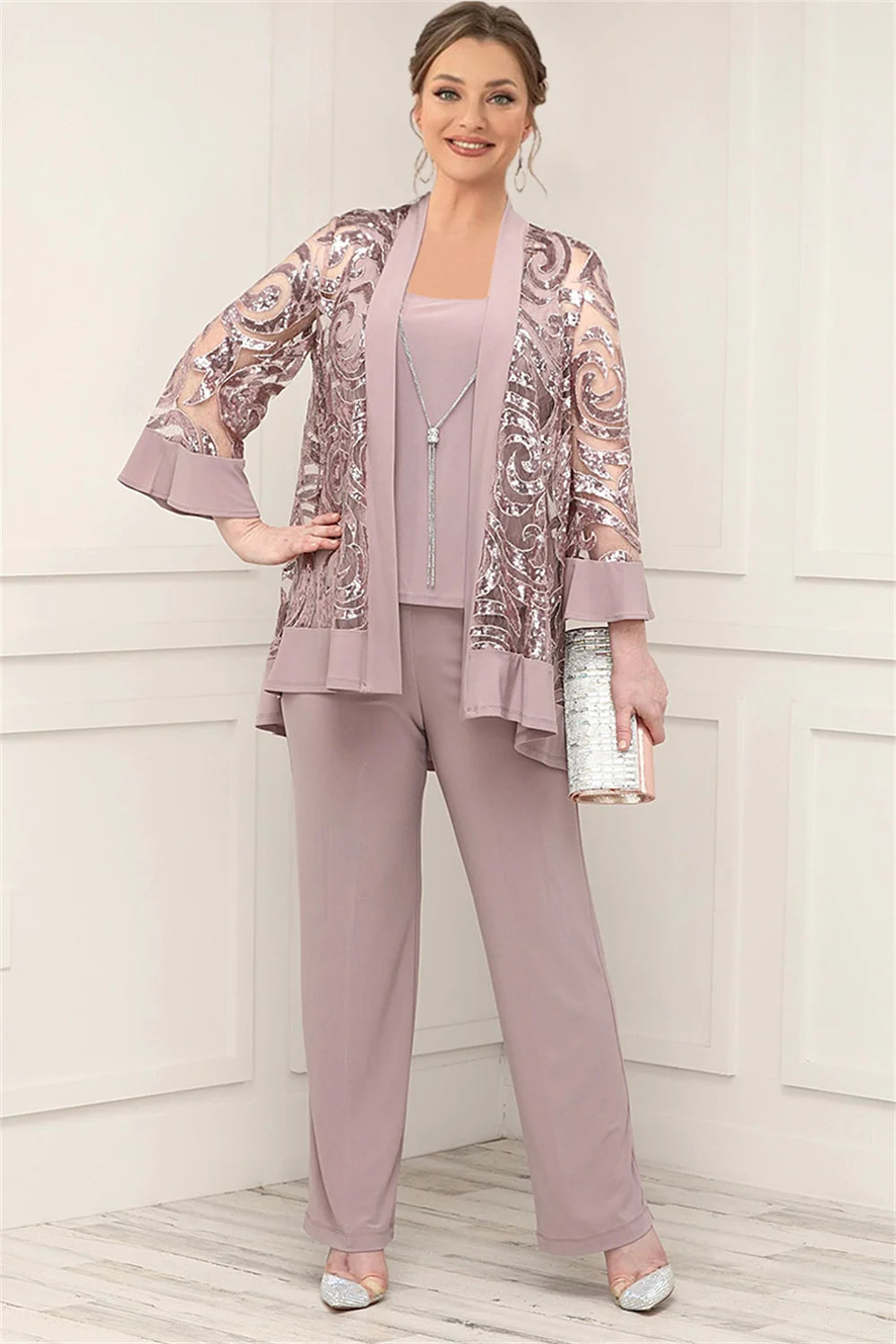 Plus Size Mother of The Bride Mesh 3/4 Sleeve Formal Three Pieces Set Pant Suits