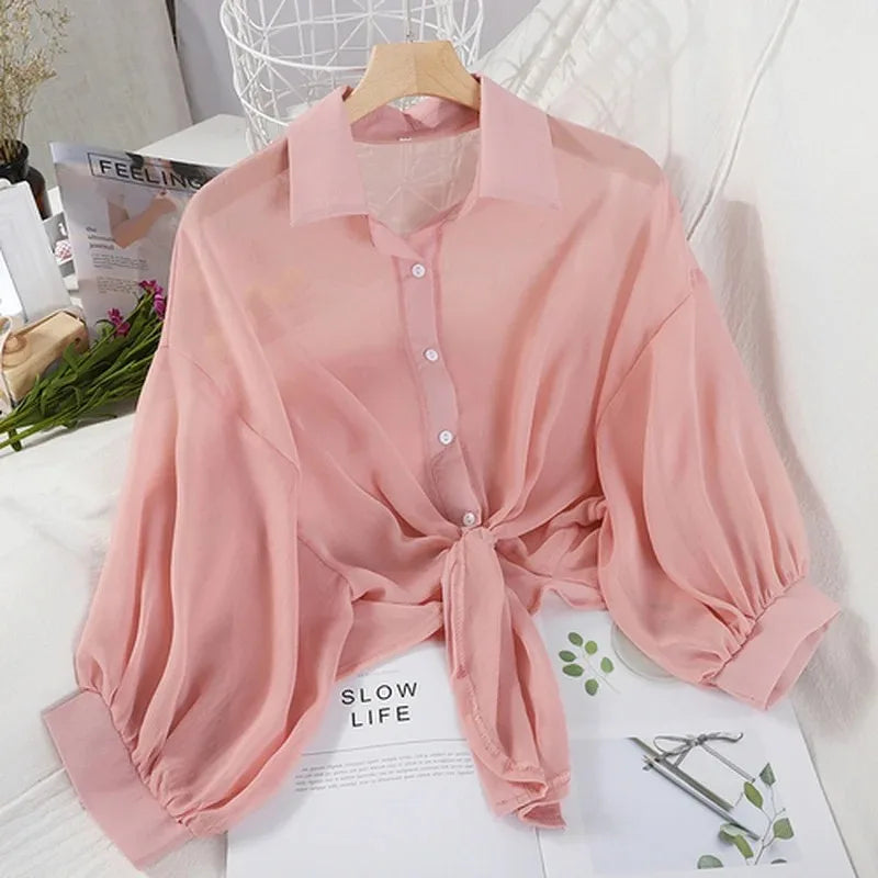 Casual Loose Hollow White Clothes Elegant Solid Color Tied Waist Blouse Women Summer Bat Half Sleeve Button Chiffon Shirt