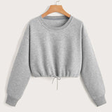 Women Long Sleeve Sweatshirt Fashion Solid Crop Top Soft Daily Loose Drawstring Hem Womens O-Neck Trendy Basic Femme Pullovers