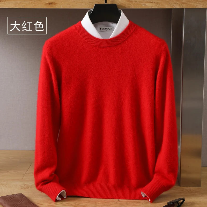 Men's 100% Pure Mink Cashmere Sweater O-Neck Pullovers Knit Sweater Autumn and Winter New Long Sleeve High-End Jumpers Mink Tops