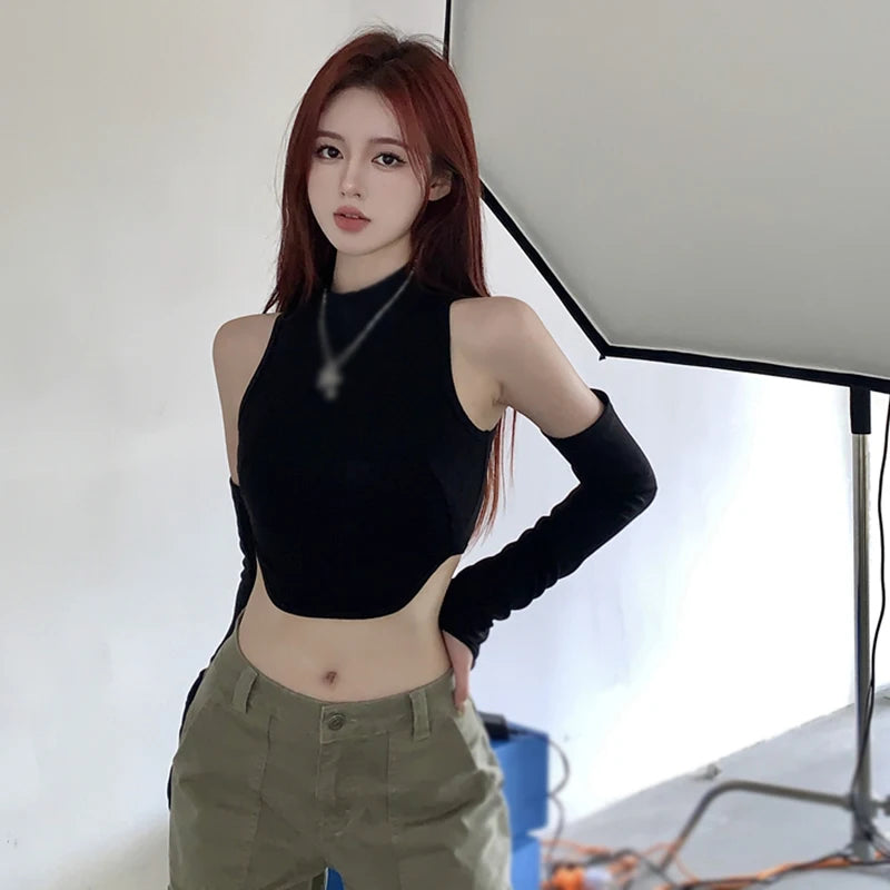 Spring Autumn Y2K Women's Crop Top Korean Version Black Sexy Casual Expose Navel With Sleeves T Shirt Solid