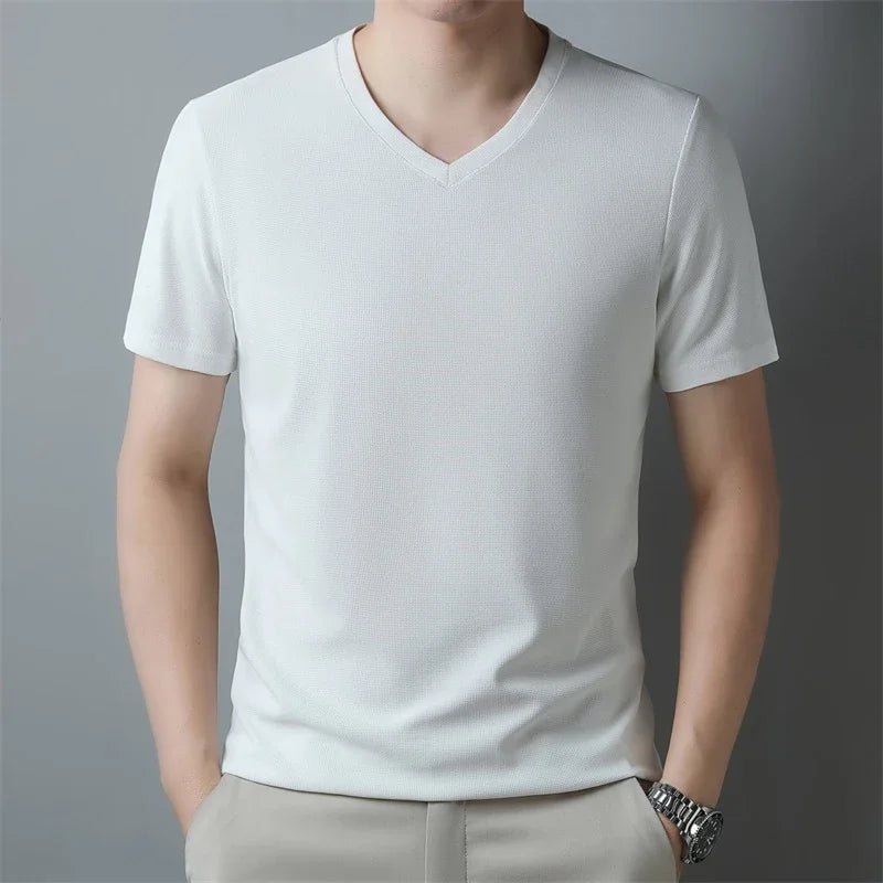 Men's Waffle V Neck Short Sleeve T-Shirt Summer Comfortable Breathable Fashion Top in Solid Colors