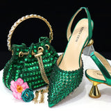 Venus Chan High Heels for Lady Luxury Designer Green Color Full Diamond Pointed Toe Wedding Shoe and Bag Set for Party