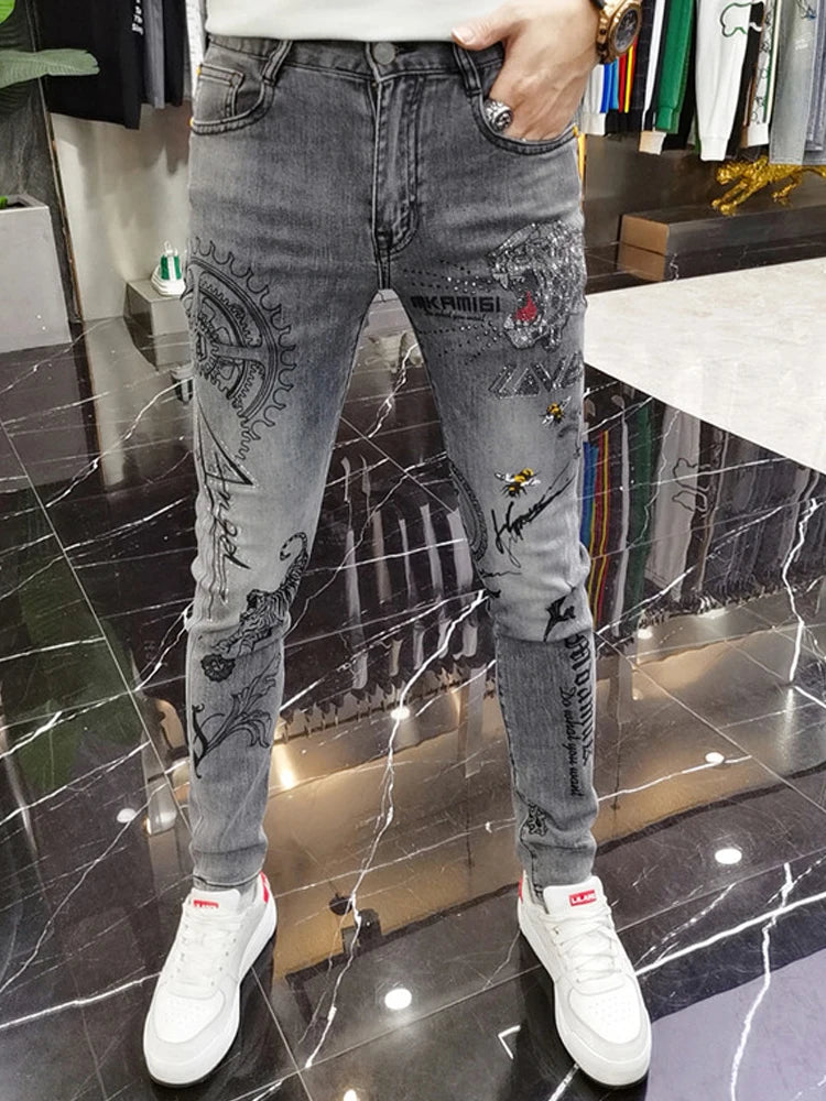 Black Jeans For Men Fashion High Street Slim Printing Denim Man Pants Autumn Stretchy Casual Biker High Quality Men's Clothing