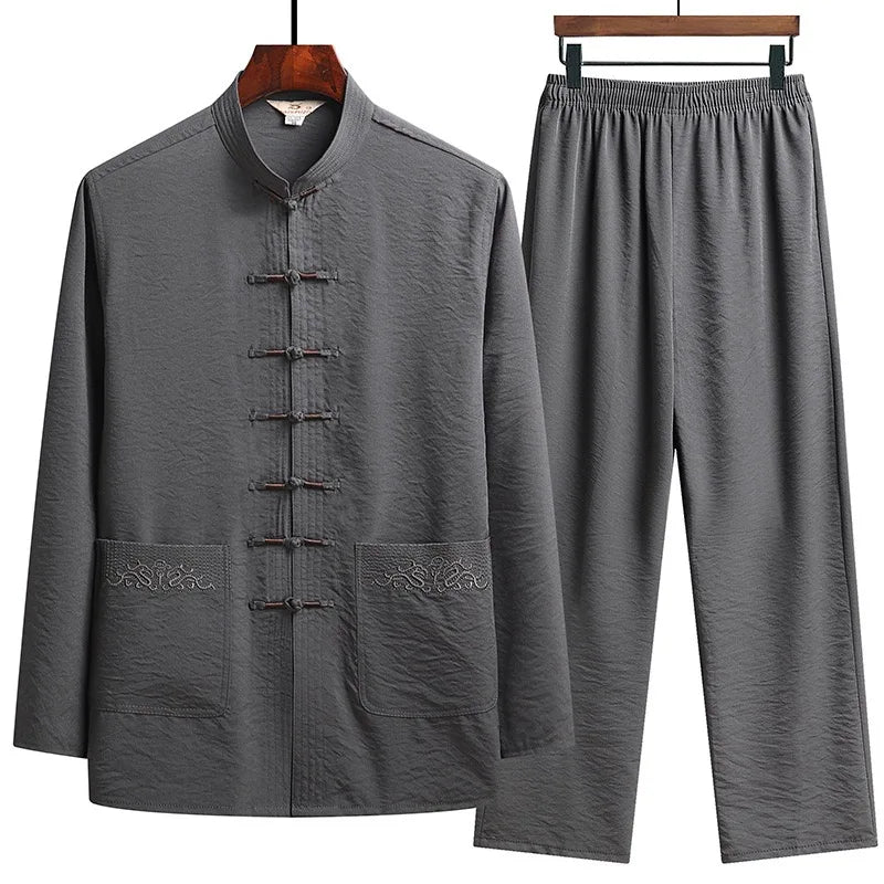 Chinese Traditional Clothing Set Man Fall Linen Buckle Kung Fu Shirt Oriental Retro Top Pants Tai Chi Breathable Uniforms Hanfu