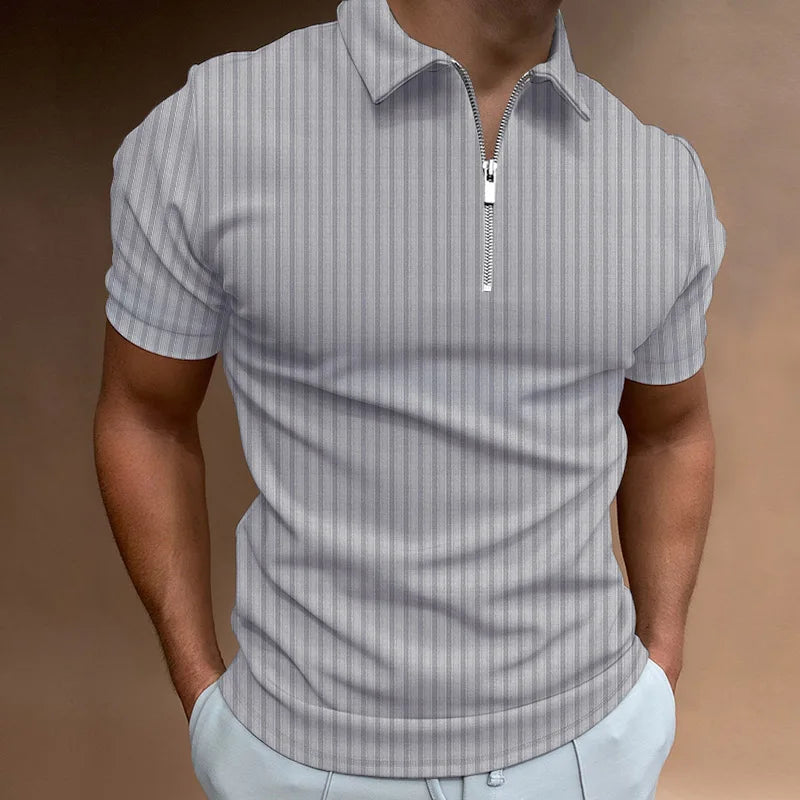 Men's Fashion Polo Shirts Summer Stripe Zipper Mens Polo Shirt Solid T-Shirt Brand Short-Sleeved Shirt Casual Slim Tops