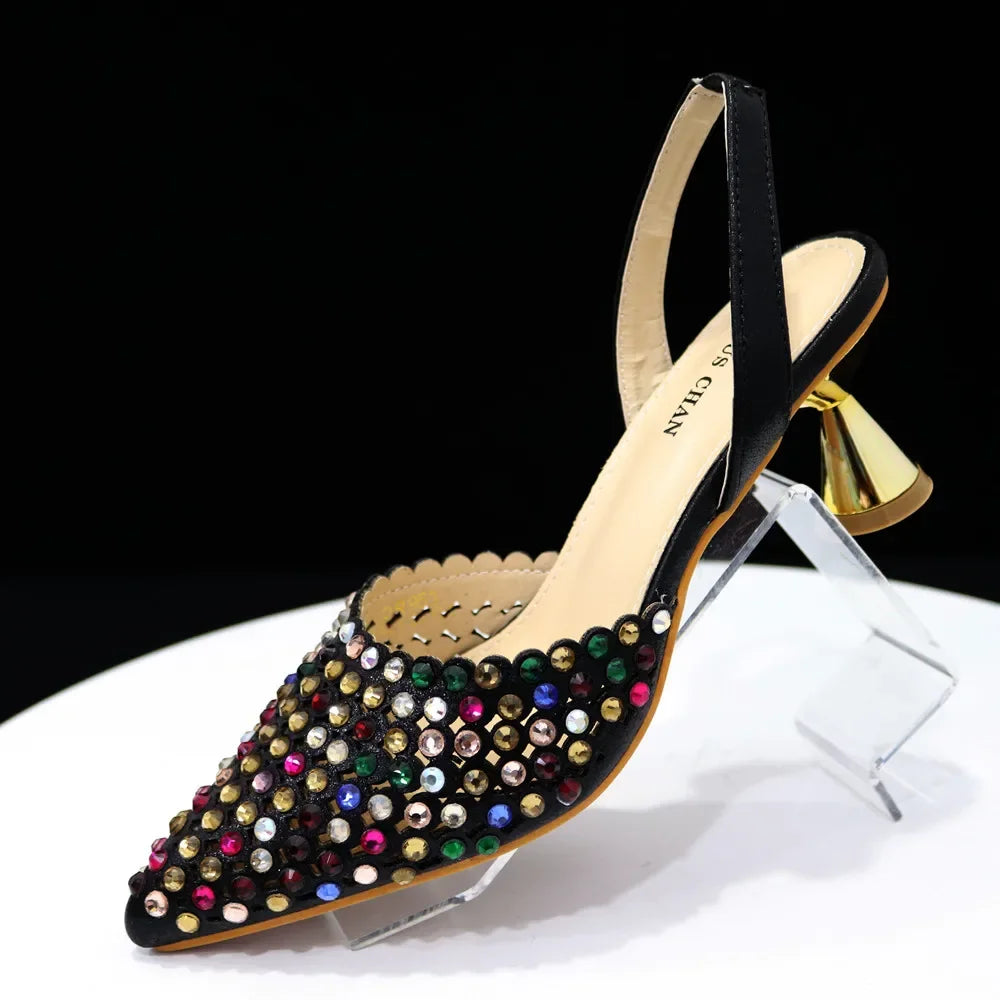 Venus Chan High Heels for Lady Luxury Designer Green Color Full Diamond Pointed Toe Wedding Shoe and Bag Set for Party