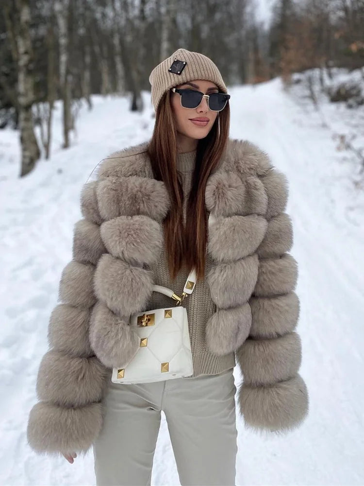 Elegant Faux Mink Fur Short Coat Women O-neck Crop Long Sleeve Artificial Fox Fluffy Lady Jacket 2024 Winter Female Outwears