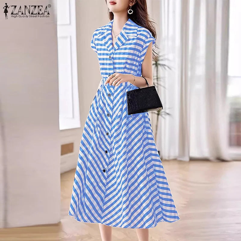 Fashion Office Stripes Shirt Dress Women Korean Work A-line Midi Dress Summer Elegant Lapel Collect Waist Vestidos