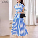 Fashion Office Stripes Shirt Dress Women Korean Work A-line Midi Dress Summer Elegant Lapel Collect Waist Vestidos