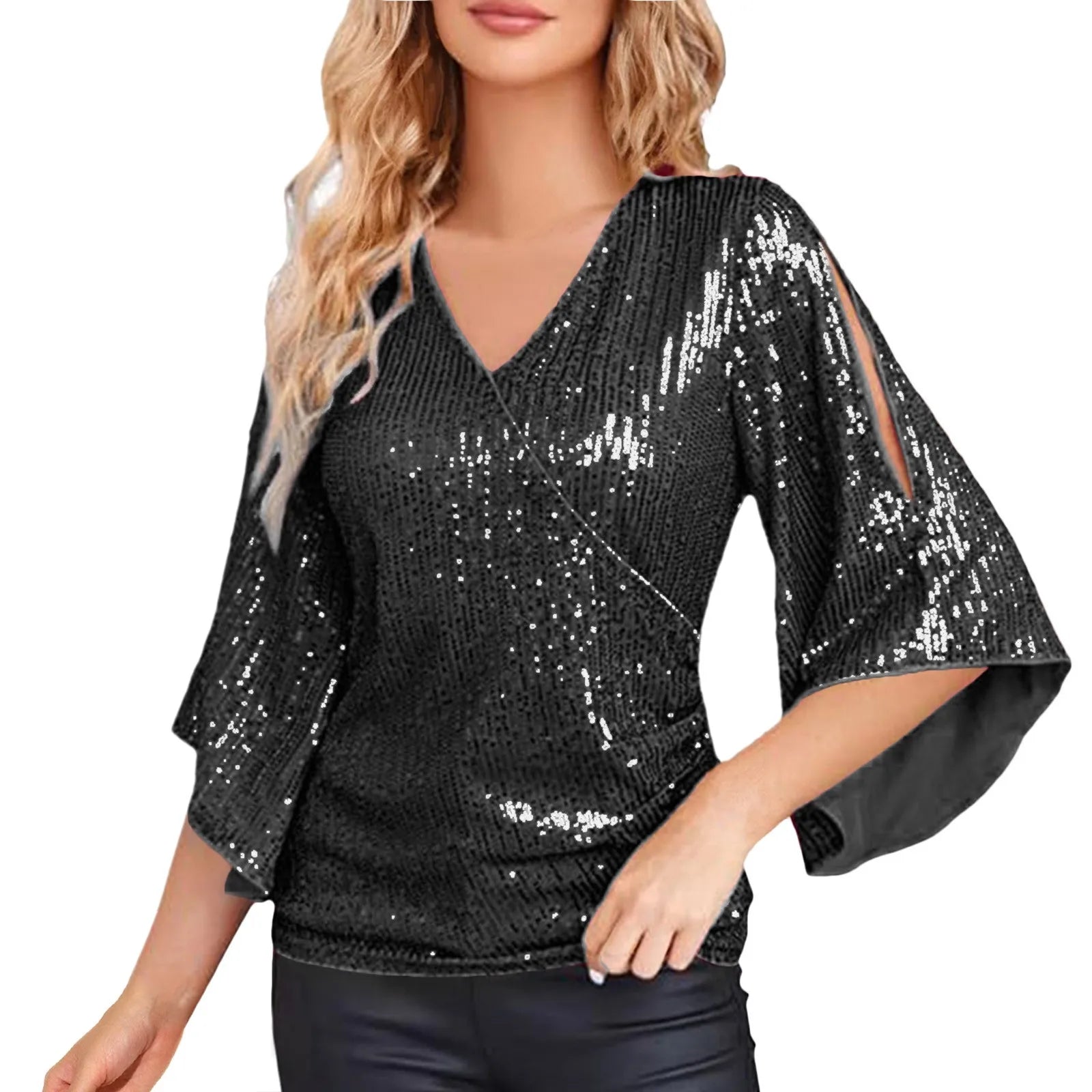 Women Blouse Sequin Tops 3/4 Sleeve Glitter Sparkly Party Blouse V Neck Dressy Tops For Evening Party Thin Chic Blusas Para Muje