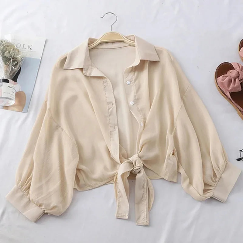 Casual Loose Hollow White Clothes Elegant Solid Color Tied Waist Blouse Women Summer Bat Half Sleeve Button Chiffon Shirt