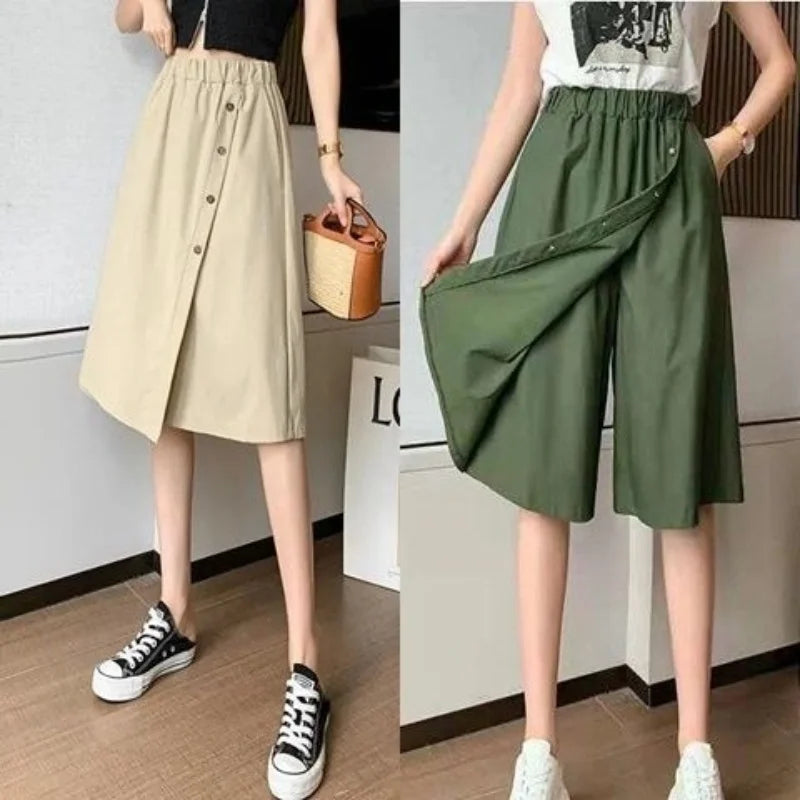 Women High Waist Irregular Knee Length Skirt Pants Office Lady's All-Match Loose Oversize Button Pockets Wide Leg Pants Elegant