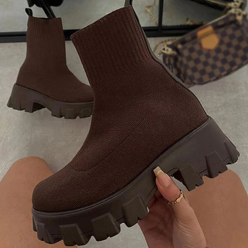 Women Boots Short Knitting Platform Boots Autumn Winter Shoes For Women Ankle Boots Heels White Winter Botas Mujer