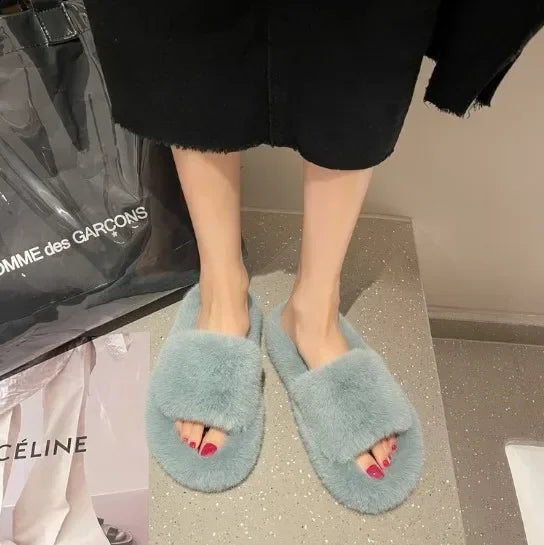 Fashion One Word Thick Fur Slippers Double Fur Slippers Casual Home Cotton Shoes for Women Flat Plush Cross Straps Slippers