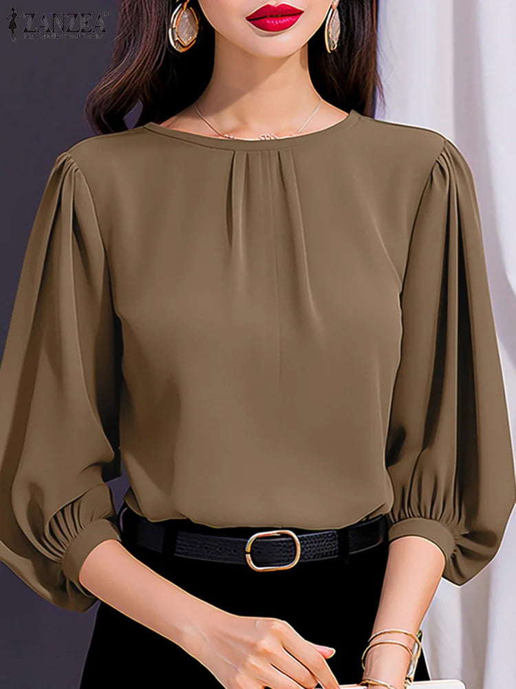 ZANZEA Women Elegant 3/4 Lantern Sleeve Solid Blouse Casual Office Work Tops Female Loose Party Blusas Fashion Summer Shirt