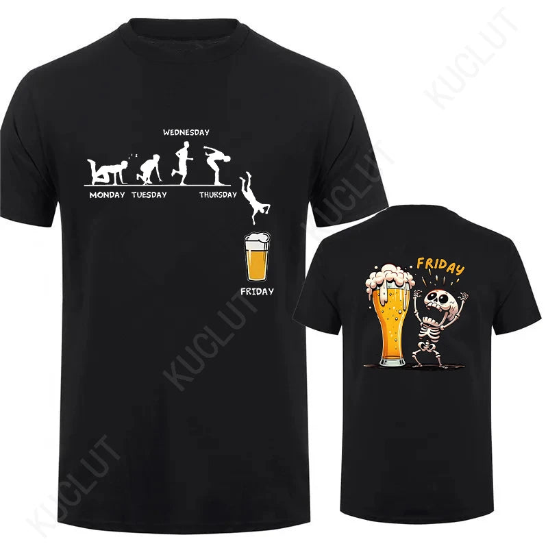 Funny Men's T Shirt Skeleton Enjoying FRIDAY Beer Day T-Shirt Finally Friday for Drink Lover Male Clothes Short Sleeve Tees