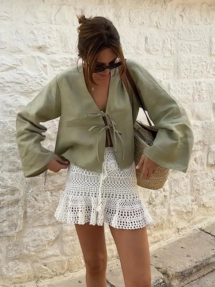 Cotton Linen Lace Up Bow Shirts Women Loose Hollow Out V Neck Long Sleeve Tops Female Spring New Lady Streetwear Top