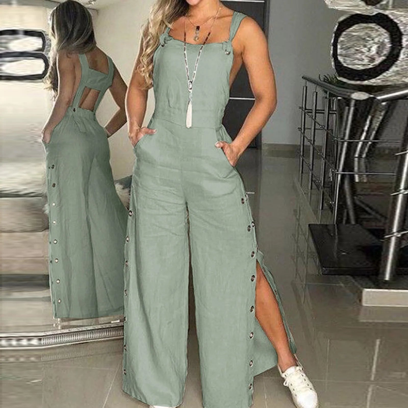 Sports Jumpsuit Woman Gym Women's Summer Sleeveless Twisted Knot Cotton Strappy Pants Button Openings Loose Long Pants