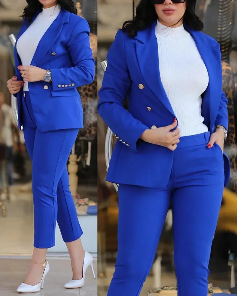 2pcs Women Office Clothing Set Long Sleeve Blazer Jacket & High Waist Pencil Pants Solid Color