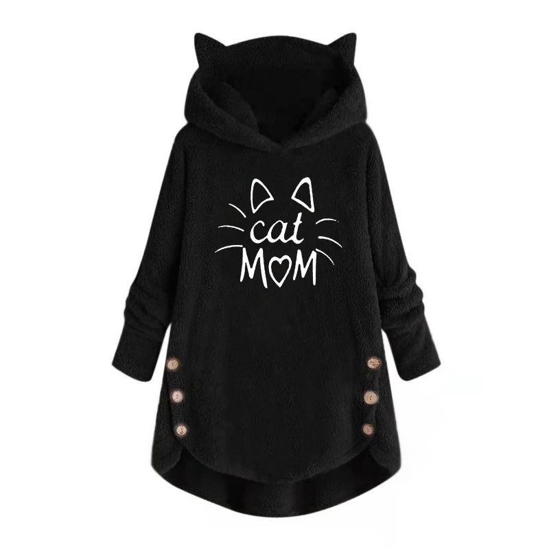 Autumn and Winter Plush Letter Cartoon Print Cat Ears Long-Sleeved Pullover Hooded Loose Casual Street Sweatshirt Women's Warm Top