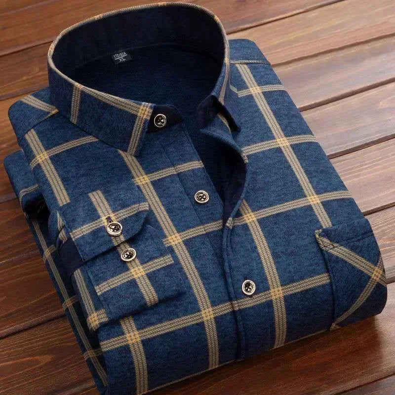 Men's Autumn Winter Casual Long Sleeve Plaid Shirt Thick Warm Men's Casual High-Quality Soft Large Size Warm Shirt Tops 4XL