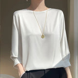 New In Summer Satin Silk Half-Sleeve Tee Tops Basic Solid Casual O-neck Thin Shirts Ladies Loose Blouses