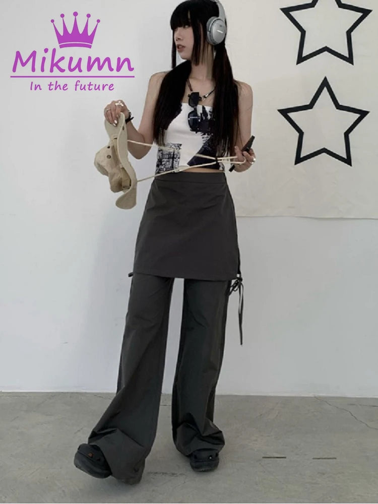 Mikumn Harajuku Fake Two Piece Casual Trousers Japanese Women Pant Skirt Retro Solid Color Elastic Waist Loose Wide Leg Pant