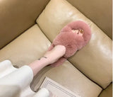 Fashion One Word Thick Fur Slippers Double Fur Slippers Casual Home Cotton Shoes for Women Flat Plush Cross Straps Slippers