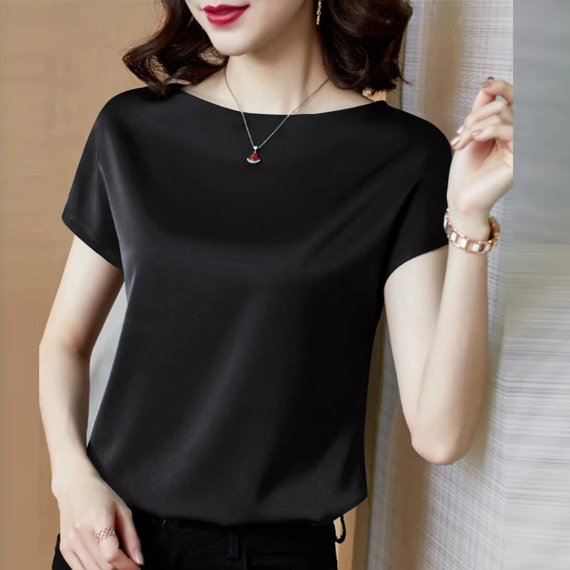 Summer Fashion Blouse Elegant Short Sleeve Satin Shirt Women Stylish OL Work Shirt Female Party Blusas Tunic Chemise