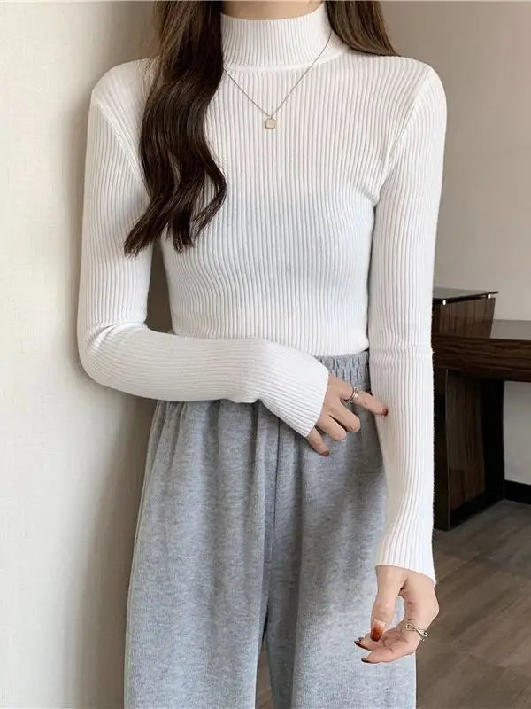 Women Autumn Winter Turtleneck Sweater Vintage Solid Basic Knitted Tops Casual Slim Pullover Korean Fashion Simple Chic Jumpers