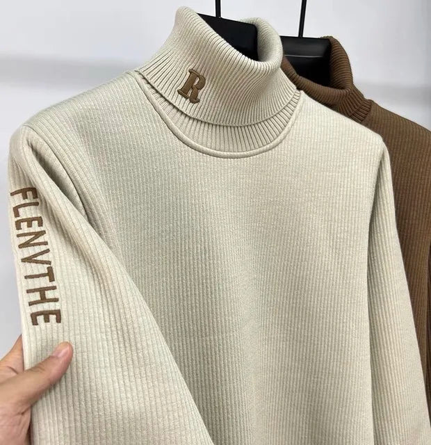 High end brand trend letter embroidery knitted sweater men's autumn winter new plush thickened casual warm high collar pullover