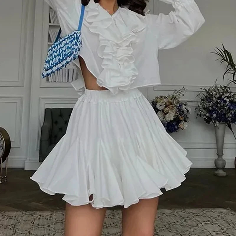 Elegant High Waist Mini Skirt White Ruffled for Women Fashion Casual Pleated Fluffy A-line Skirts Summer Lady Party Streetwear