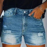 Blue Frayed Hem Denim Shorts, Ripped Holes Slash Pockets Short Denim Pants, Women's Denim Jeans & Clothing