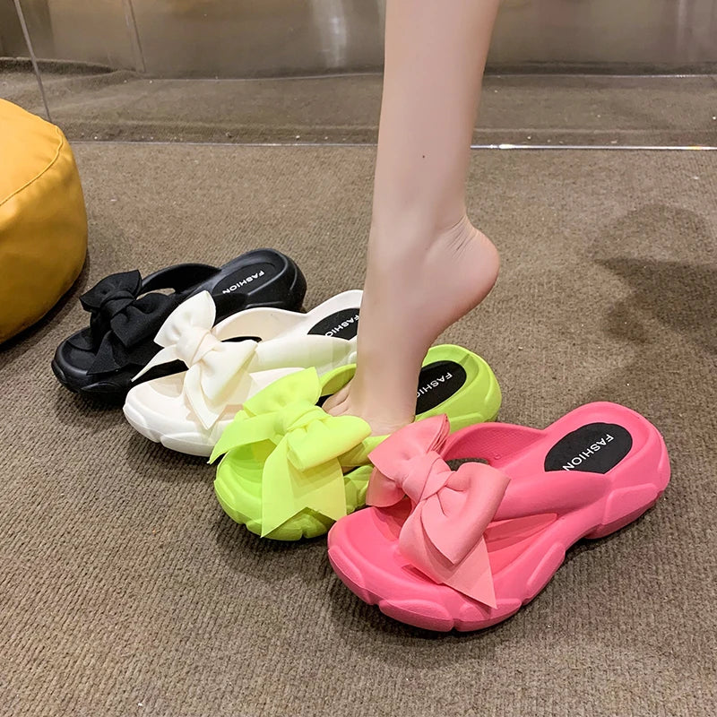 Fashion Bowknot Platform Flip Flop for Women Summer Beach Non Slip Wedge Slippers Woman Thick Sole Clip Toe Slides Sandals