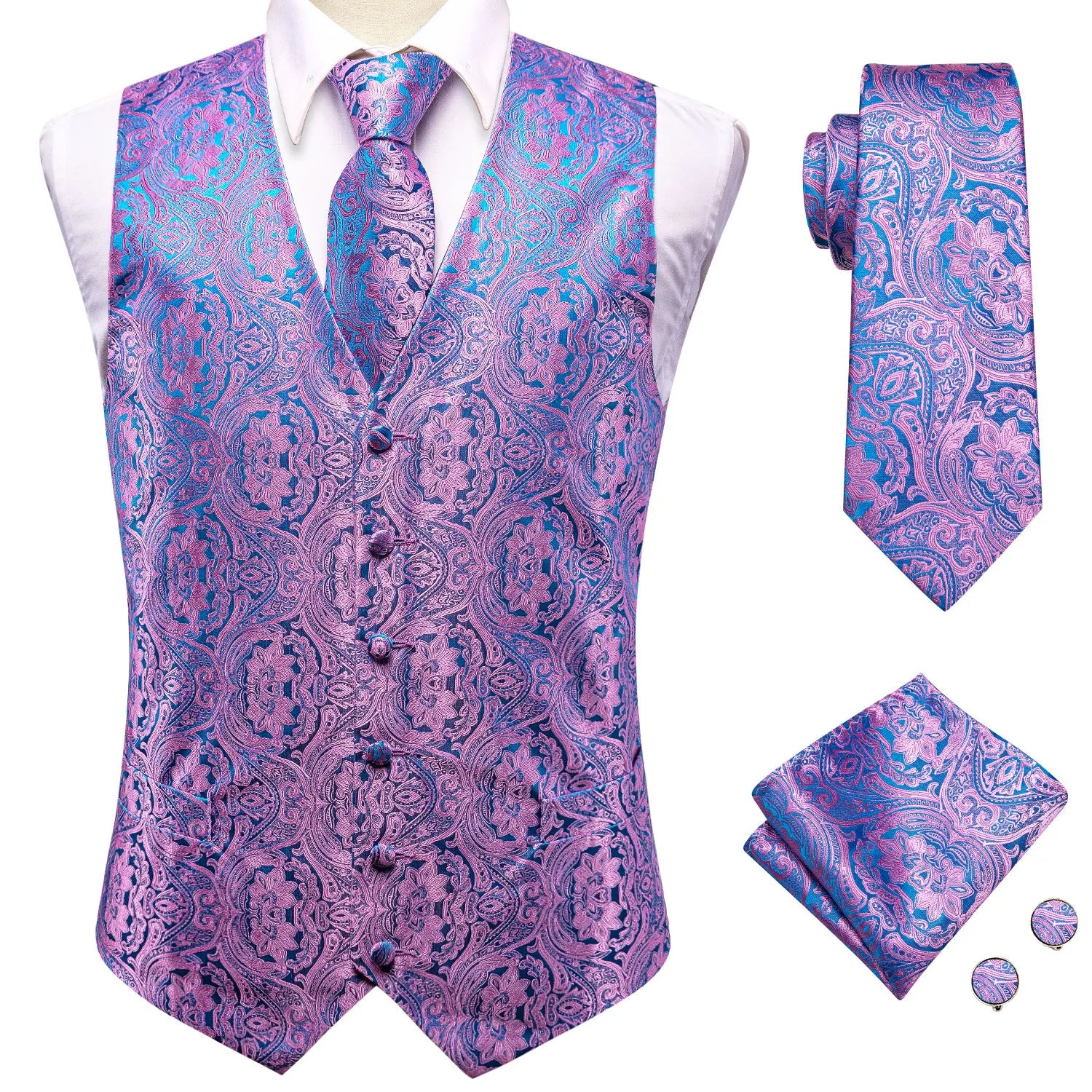 Wedding Purple Silk Men Vest Paisley Slim Fit Necktie Hankerchief Cufflinks Sets Male Sleeveless V-Neck Waistcoat Party Hi-Tie