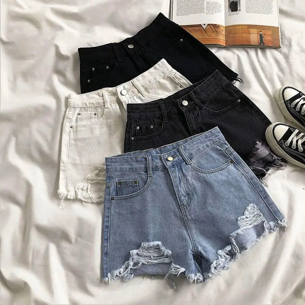 Summer Korean Women's Cowboy Shorts High Waist Casual Blue Denim Shorts Pocket Tassel Perforated Fashion Shorts Y2K Female Jeans