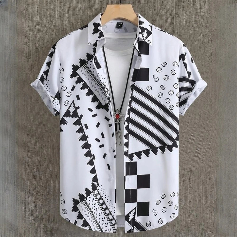 3D Printed Geometry Men's Shirts Color Block Graphics Fashion Button Short Sleeve Lapel Hawaiian Blouse shirts for men Summer