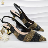 Women Heel Party Ladies Italian Design Green Shoes And Bag Set Decorated with Rhinestone Handbag Wedding Party