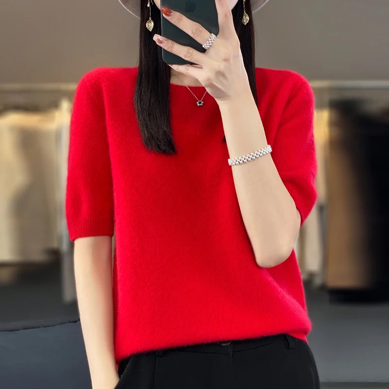 Fashion short half sleeve cashmere women's sweater 100% pure merino wool round neck pullover T-shirt