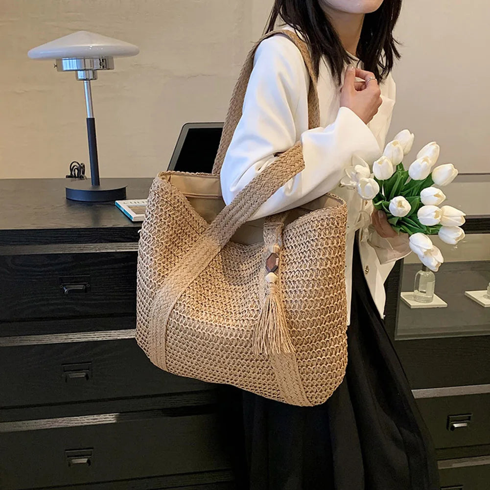 Summer Straw Women Bag Hand-Woven Handbags Handmade Raffia Beach Boho Shoulder Bag Large Tote Bag Tassel Shopping Purses