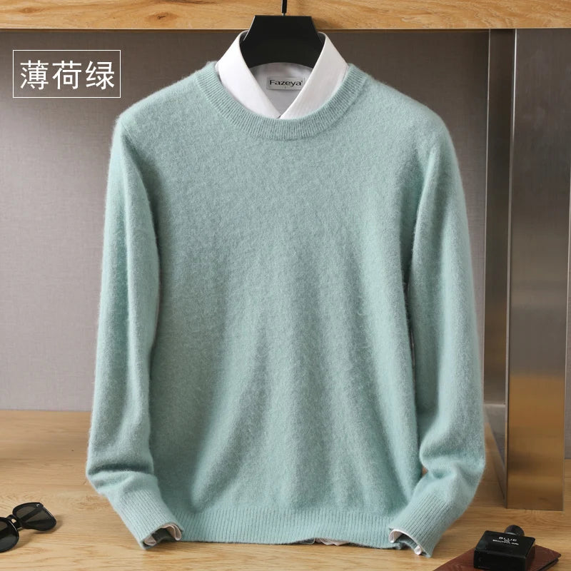 Men's 100% Pure Mink Cashmere Sweater O-Neck Pullovers Knit Sweater Autumn and Winter New Long Sleeve High-End Jumpers Mink Tops