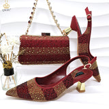 Women Heel Party Ladies Italian Design Green Shoes And Bag Set Decorated with Rhinestone Handbag Wedding Party