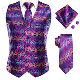 Wedding Purple Silk Men Vest Paisley Slim Fit Necktie Hankerchief Cufflinks Sets Male Sleeveless V-Neck Waistcoat Party Hi-Tie