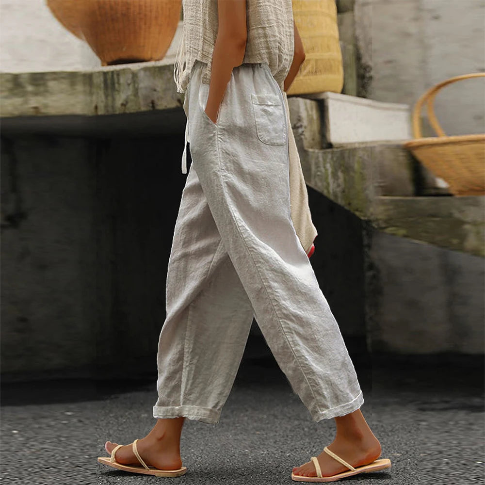 Women Simple Casual Trousers Cotton Linen Solid Color Pockets Drawstring Trousers Summer Thin Ladies Elastic Waist Chino Pants