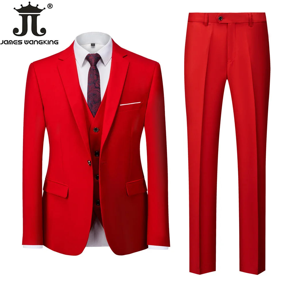 ( Jacket + Vest + Pants ) Boutique Solid Color Men's Official Business Suit Bride's Wedding Dress Party Male Suit