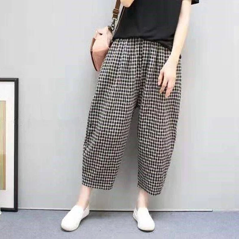 Summer Plaid Fashion Haren Pants Women High Street Casual Loose Pockets High Waist Pure Cotton All-match Comfortable Trousers